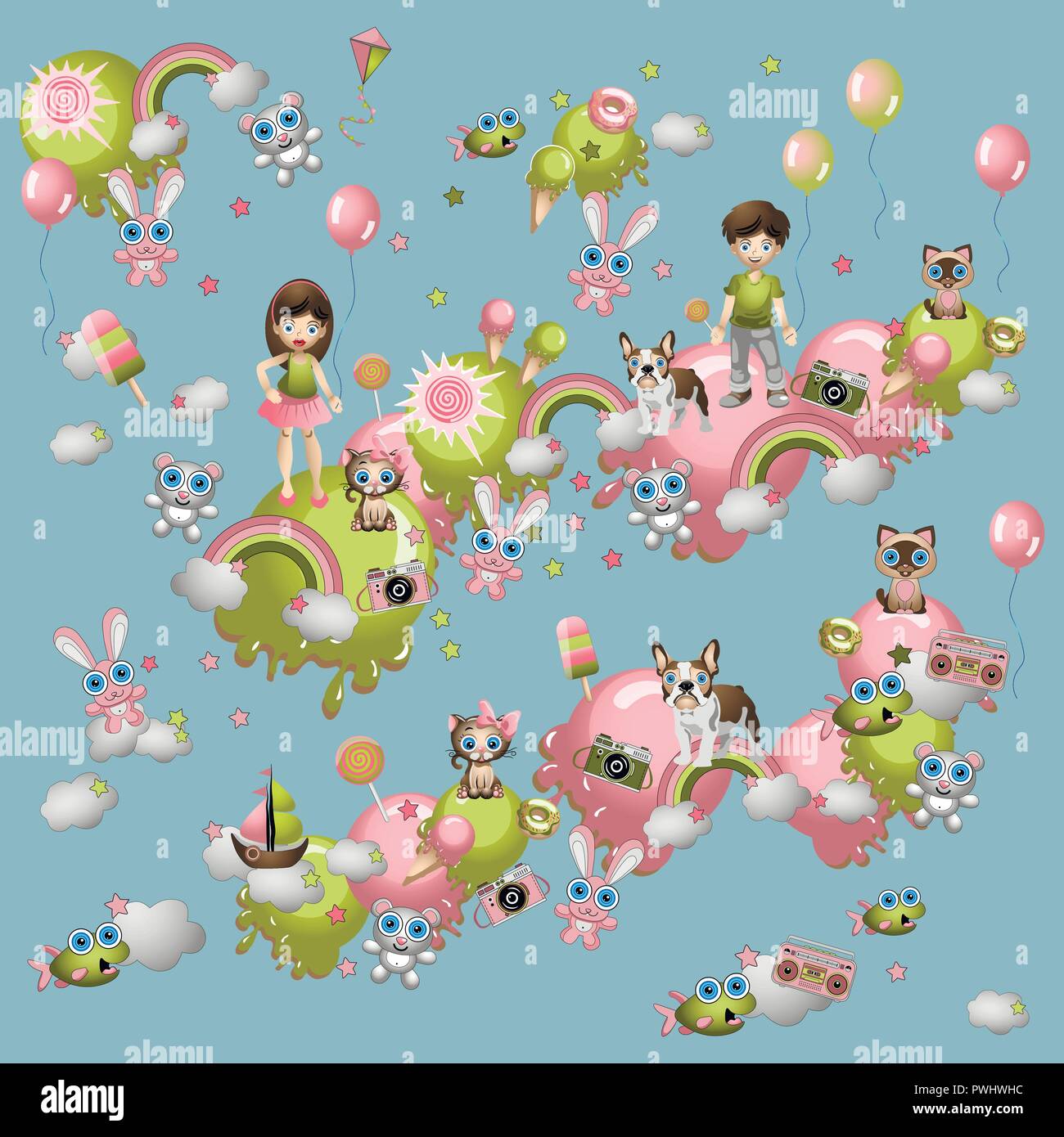 Set der Kinder Elemente im Stil der Cartoon. Spielzeug, Haustiere, Kinder, Bonbons, Luftballons, Rainbow etc. Stock Vektor