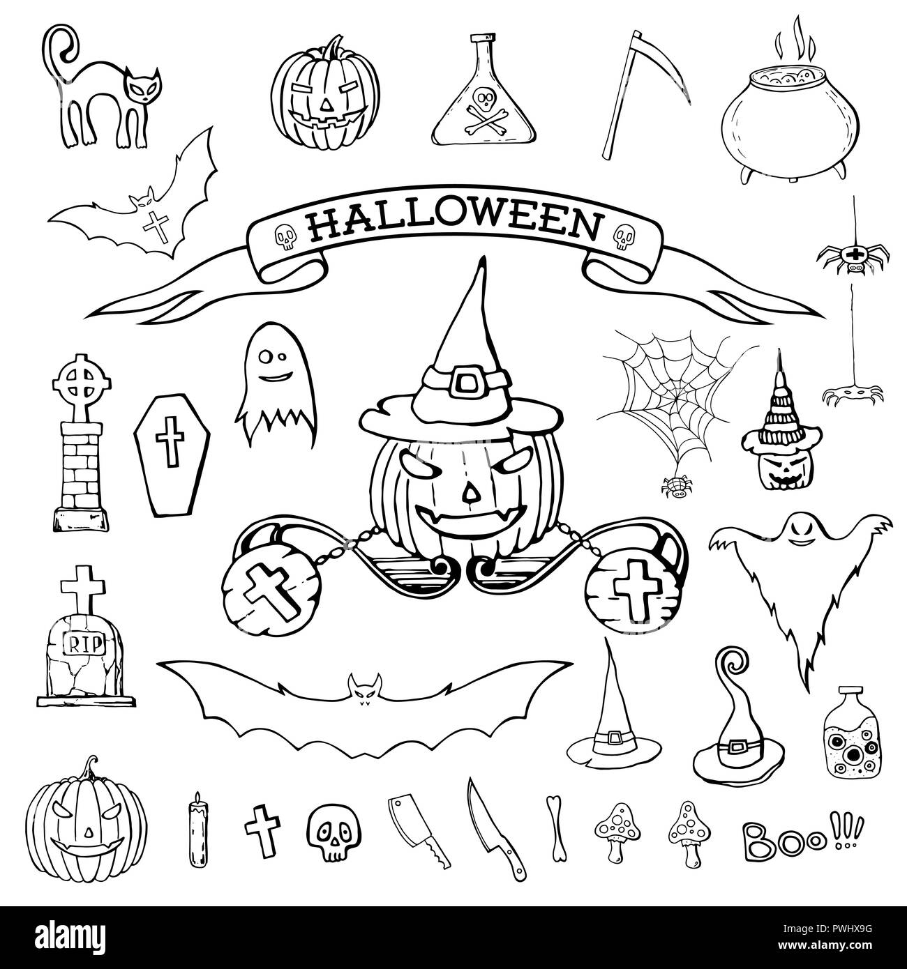 Satz von Hand gezeichnet Doodle cartoon Elemente der Halloween Feier. Halloween Kreaturen. Schwarze und weiße Zeichnung. Isolierte Gekritzel auf weißem Hintergrund Stock Vektor