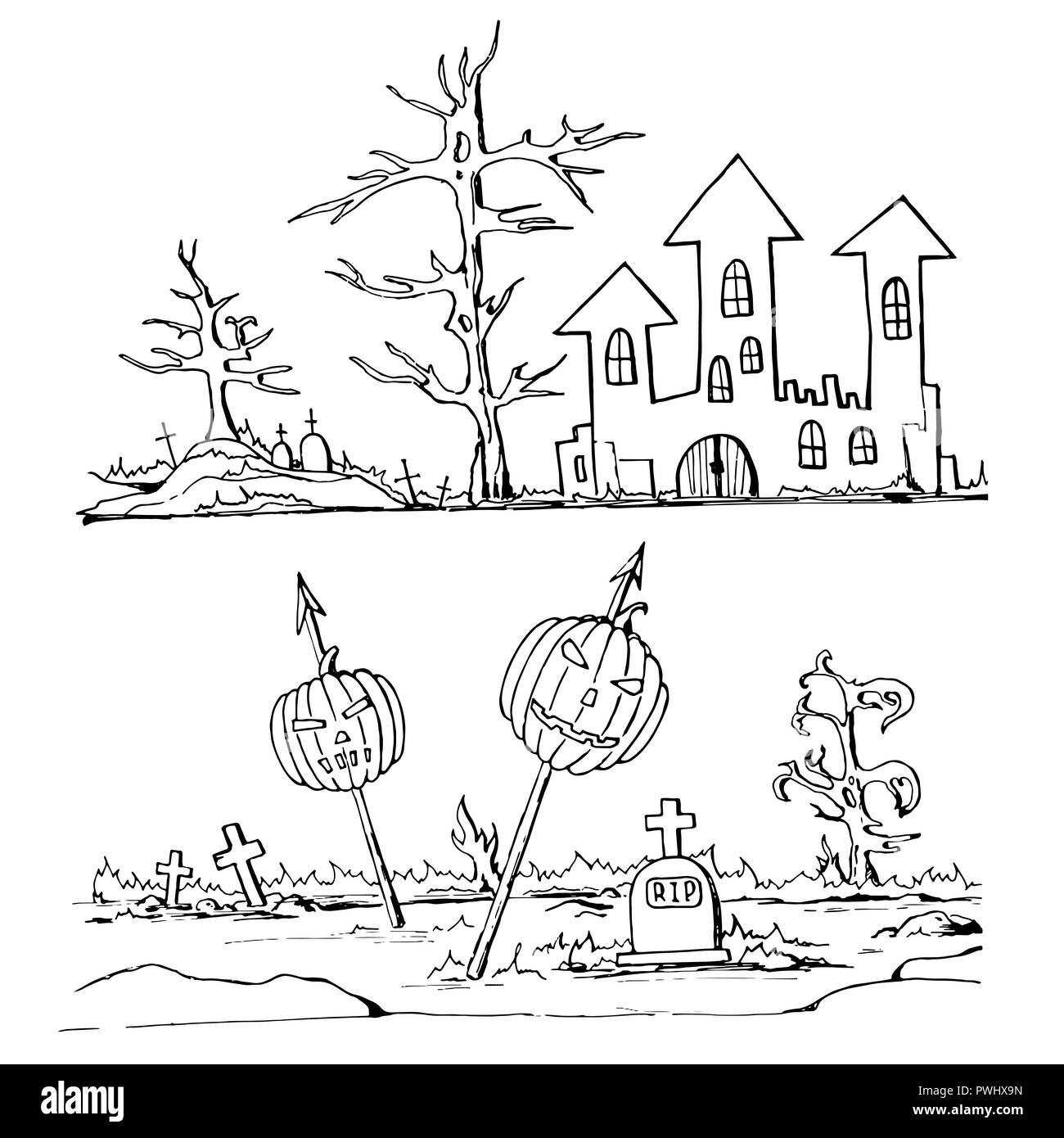 Satz von Hand gezeichnet Doodle cartoon Elemente der Halloween Feier. Schloss, Bäume, Gräber, Kreuze, Kürbisse. Schwarze und weiße Zeichnung. Isolierte doodles Stock Vektor