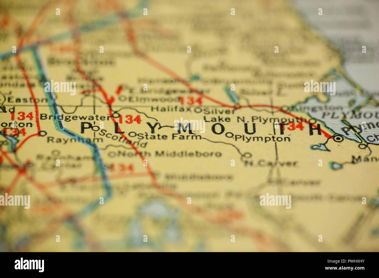 Plymouth, Massachusetts ist das Zentrum der Fokus auf eine alte Karte. Stockfoto