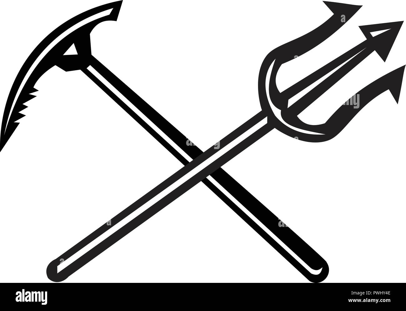 Symbol Retro Stil Abbildung Eines Gekreuzten Berg Eispickel Und Ein Dreizack Gabel Auf Isolierten Hintergrund In Schwarz Und Weiss Stock Vektorgrafik Alamy