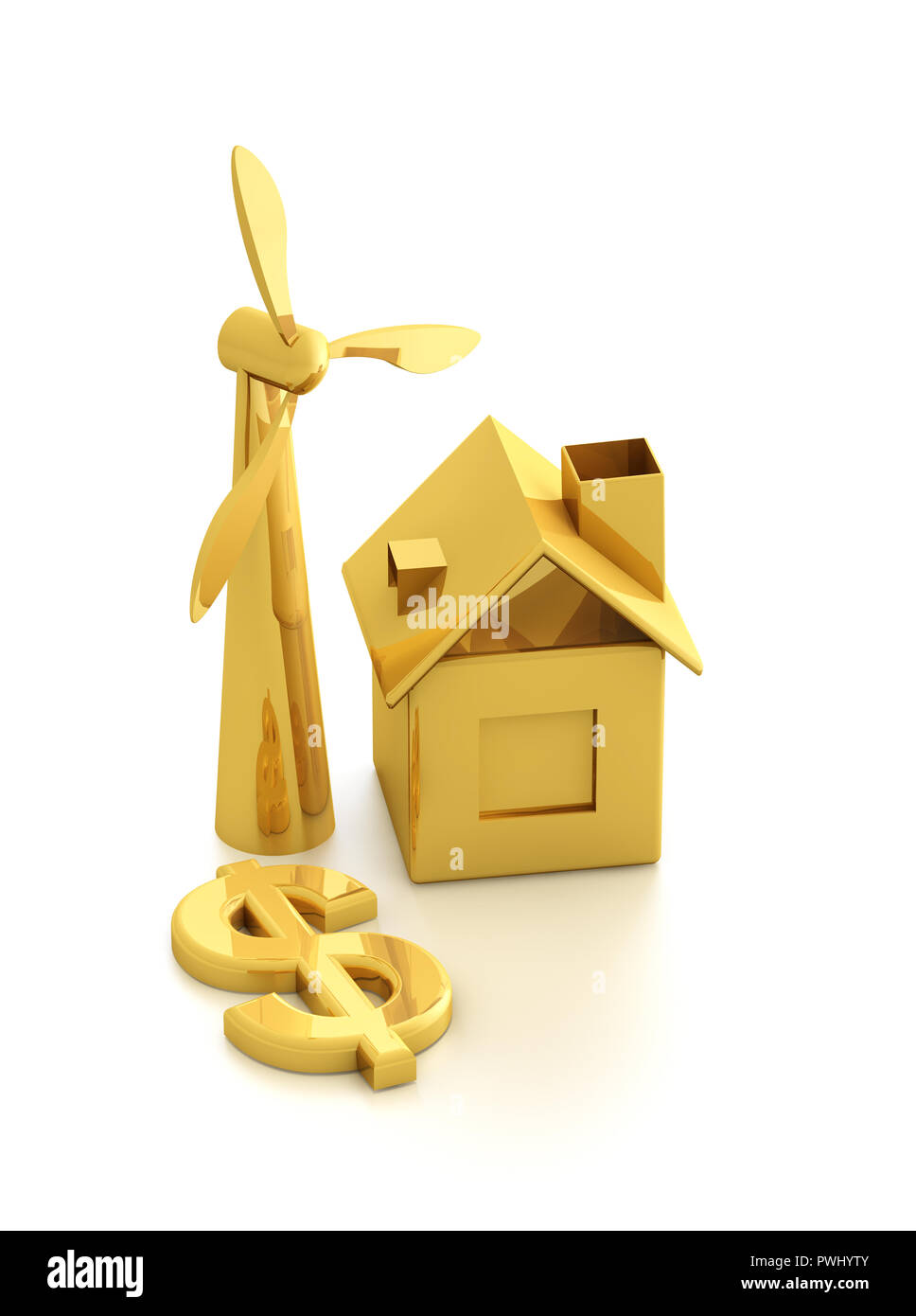 Wind Turbine 3D-Modell und Gold Symbol House Stockfoto