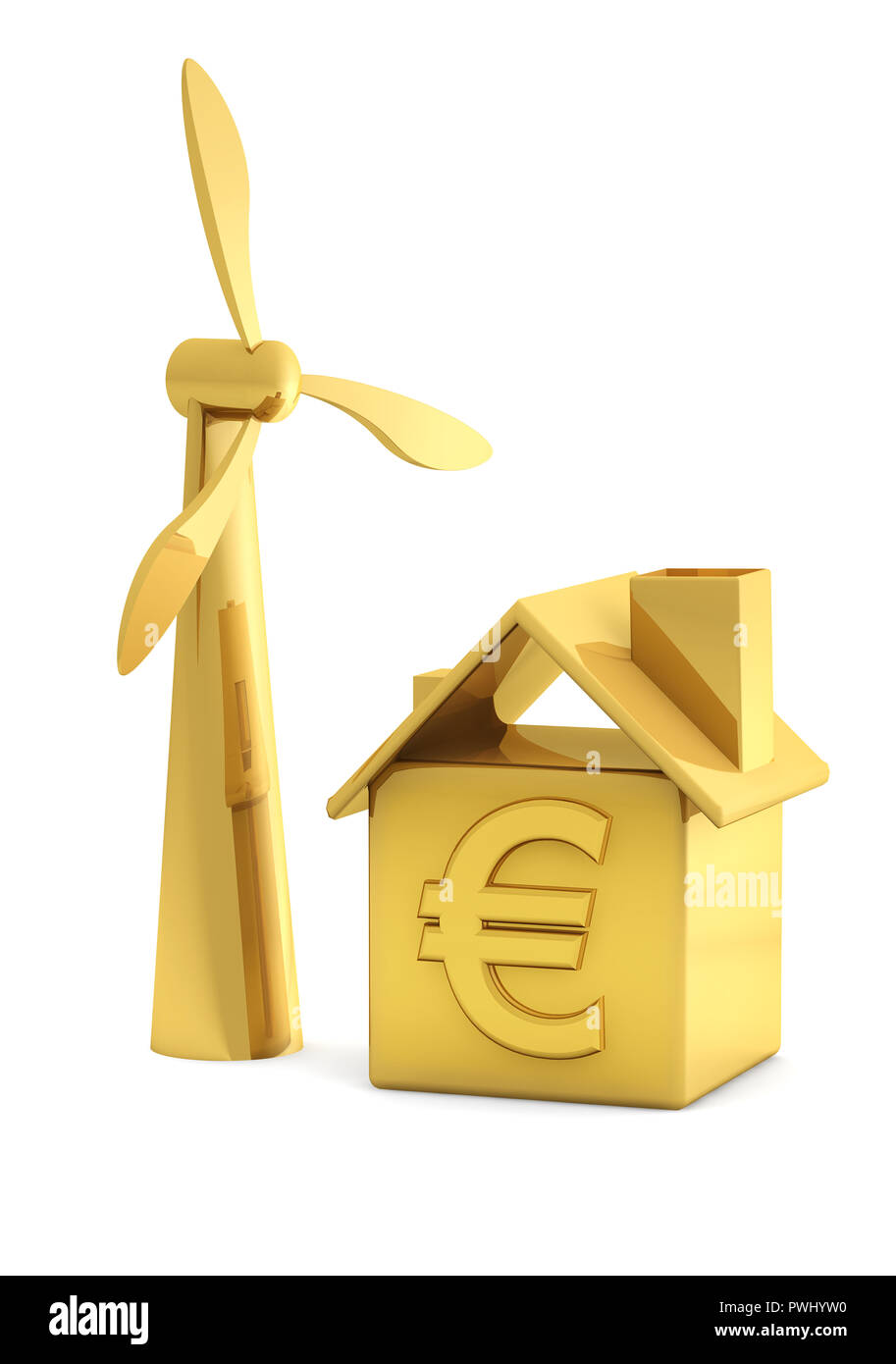 Wind Turbine 3D-Modell und Gold Symbol House Stockfoto