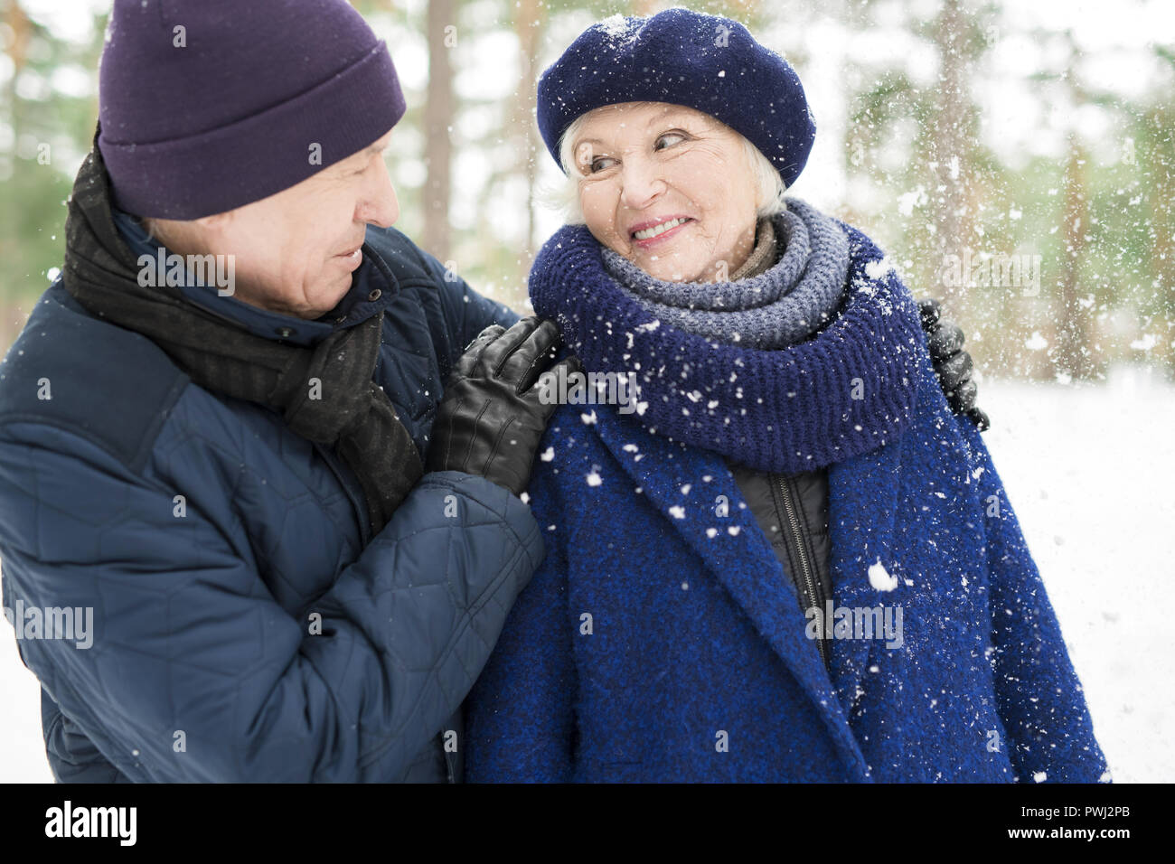 Pflege älterer Paare im Winter Stockfoto