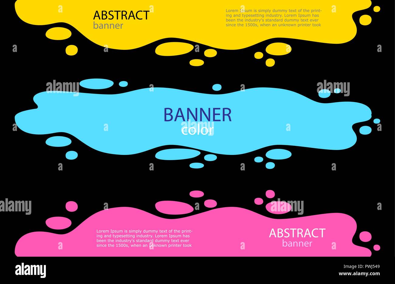 Stellen Sie helle Abstrakte Banner. Eine Pfütze von Wasser mit Tropfen auf den Seiten. Gegossen gelbe und rote Farbe und Spray um. Vector Illustration. Stock Vektor