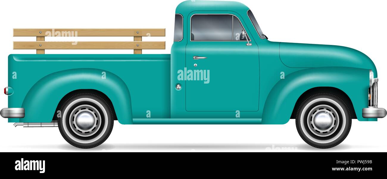 Retro Abholung Vector Illustration auf weißem Hintergrund. Isolierte grüne alte Lkw-Seite anzeigen. Alle Elemente der Gruppen auf separaten Ebenen für Easy Edit Stock Vektor