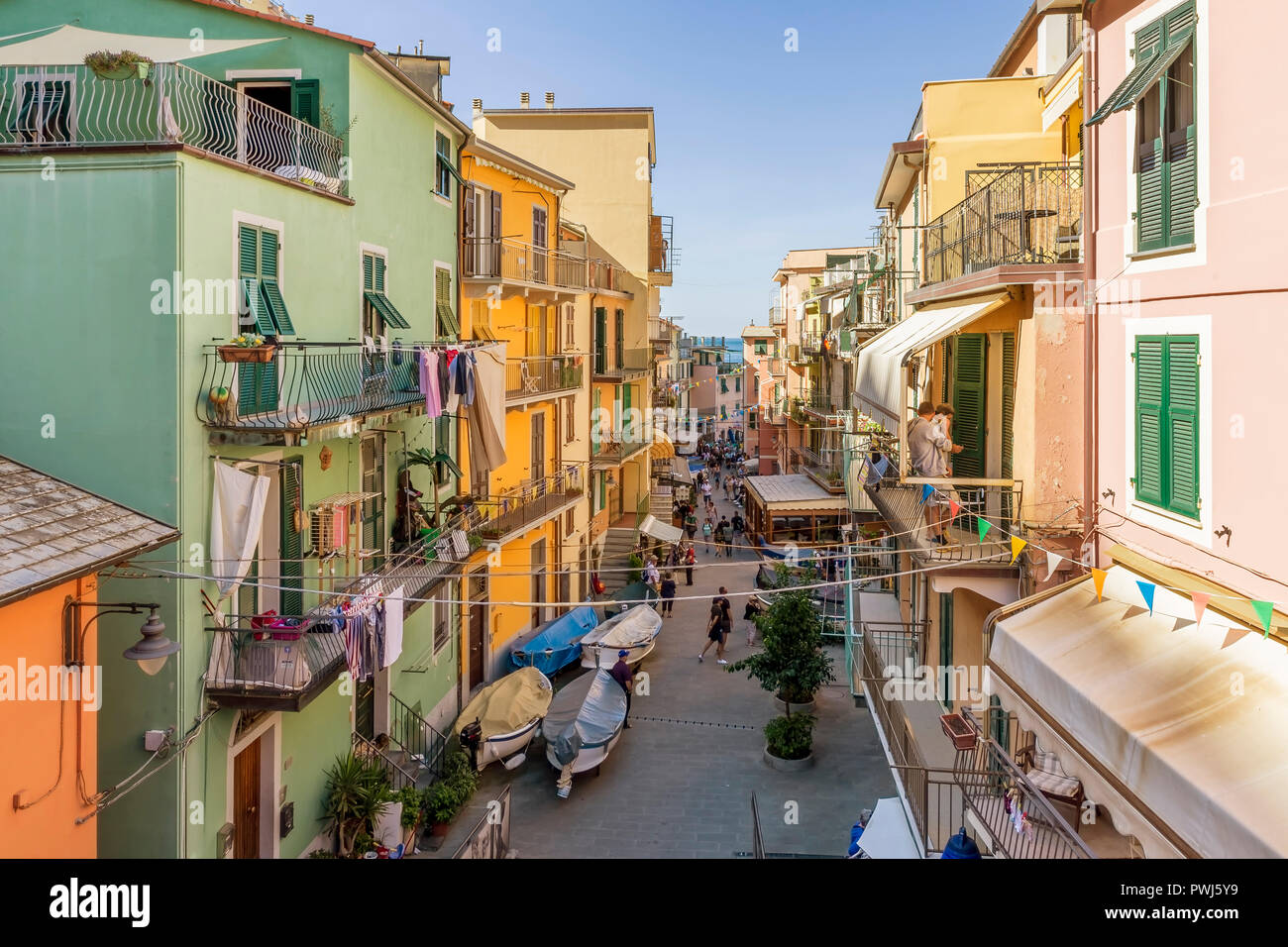 Ein Blick auf das historische Zentrum von Manarola, Cinque Terre, Ligurien, Italien Stockfoto