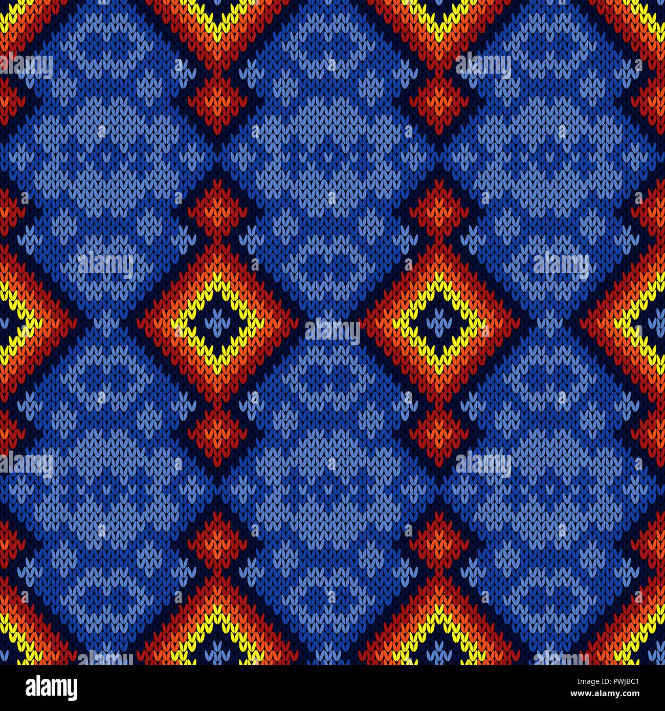 Mehrfarbig gestrickt Zierpflanzen nahtlose Muster in blau, rot, gelb und orange Farben, Vektor als Stoff Textur Stock Vektor