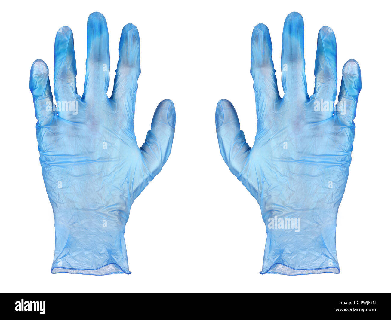 Blau transparent Gummihandschuhe auf weißem Hintergrund Stockfoto