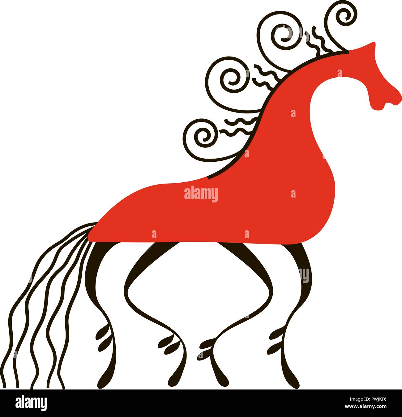 Red Horse. Nationale Nordinsel Gemälde. Folk Kunsthandwerk. Bezaubernden ursprünglichen Verzierungen. Einfachheit. flachbild Hackney, dobbin,, Berg, Hengst, Stute für Stock Vektor