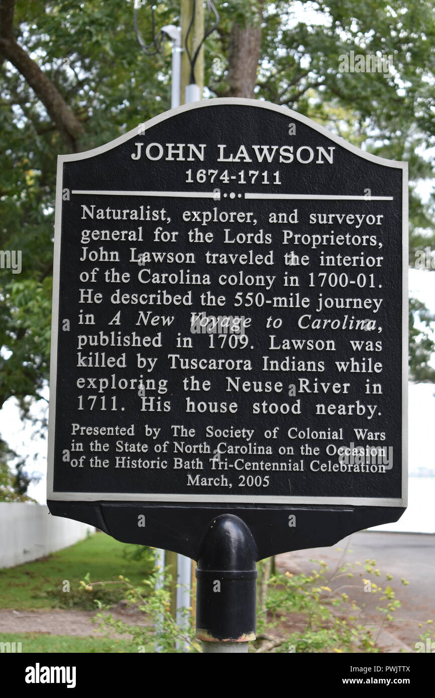 Eine historische Markierung für John Lawson die Naturforscher, Explorer und Gutachter. Stockfoto