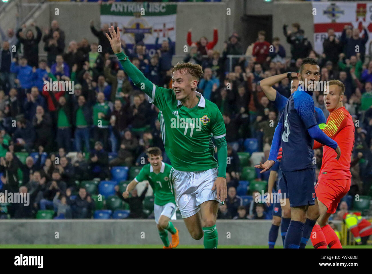 Belfast, Nordirland UK. 16. Oktober 2018. Internationaler Fußball - 2019 UEFA unter 21 WM Qualifikation - Gruppe 2 - Nordirland gegen die Slowakei. Quelle: David Hunter/Alamy Leben Nachrichten. Stockfoto