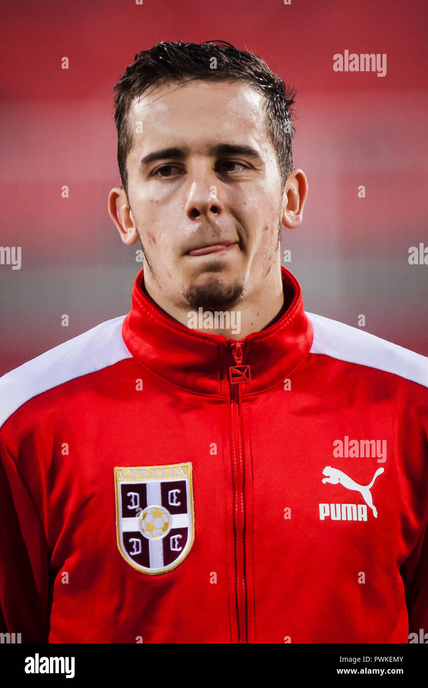 Novi Sad, Serbien. 16. Okt 2018. UEFA-U21-s Fußball-Europameisterschaft: Serbien gegen Armenien, Novi Sad, Serbien. Miladin Stevanovic von Serbien Credit: Nikola Krstic/Alamy leben Nachrichten Stockfoto