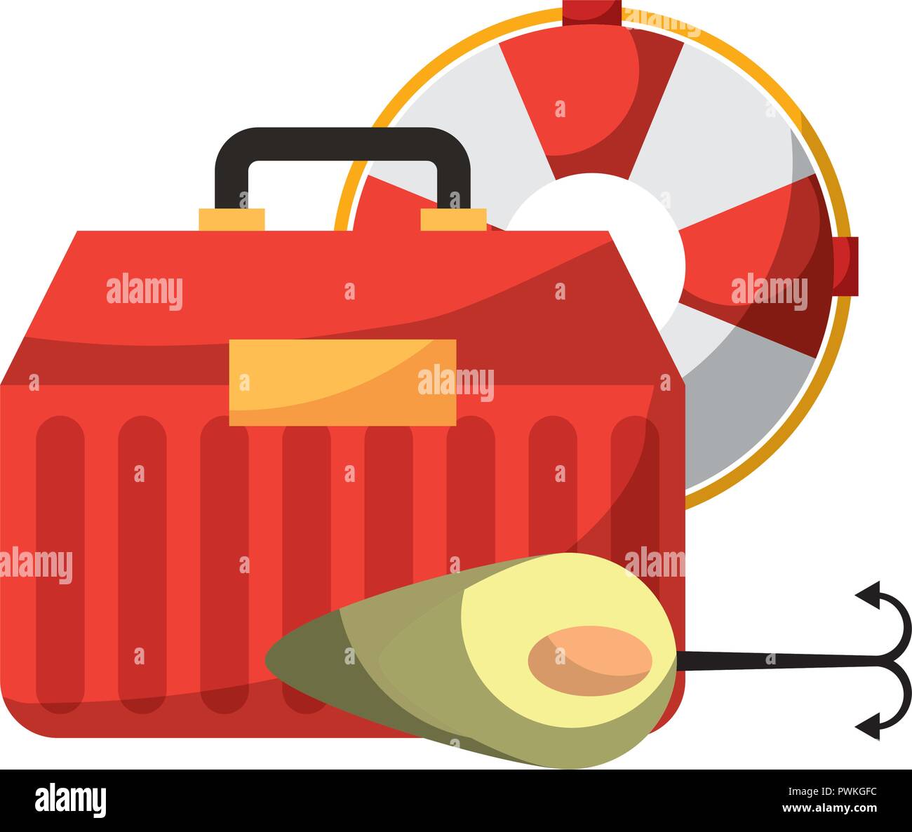 Fishing Tackle Box und Rettungsring Ausrüstung hobby Vector Illustration Stock Vektor