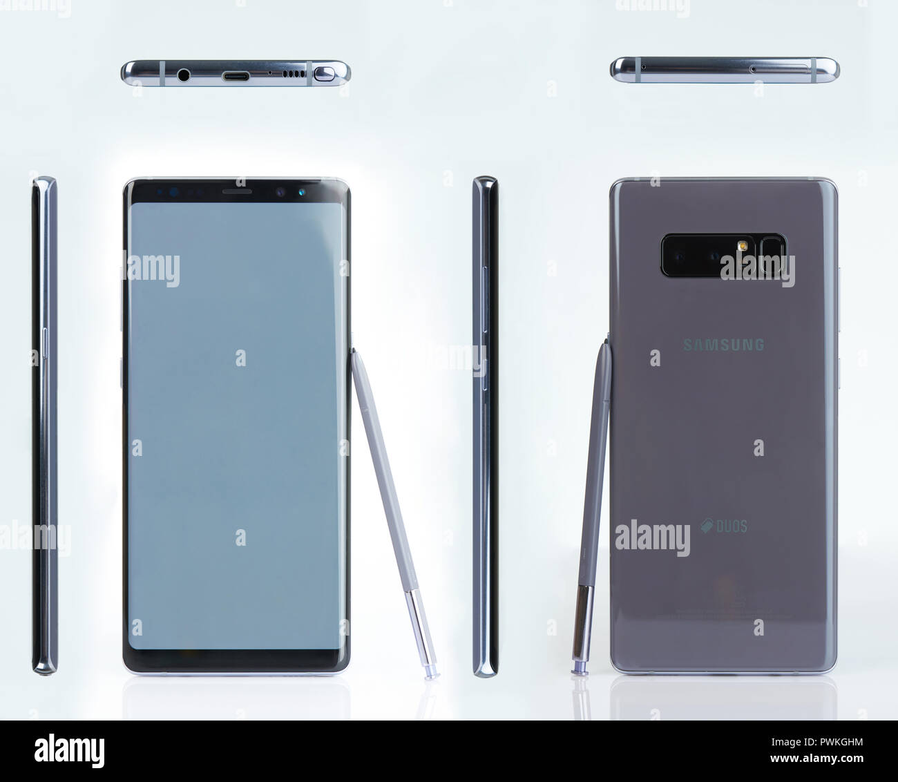 New York, USA - 15. Oktober 2018: Samsung Anmerkung 8 mit Stift Smartphone alle Ansichten auf weißem Hintergrund Stockfoto
