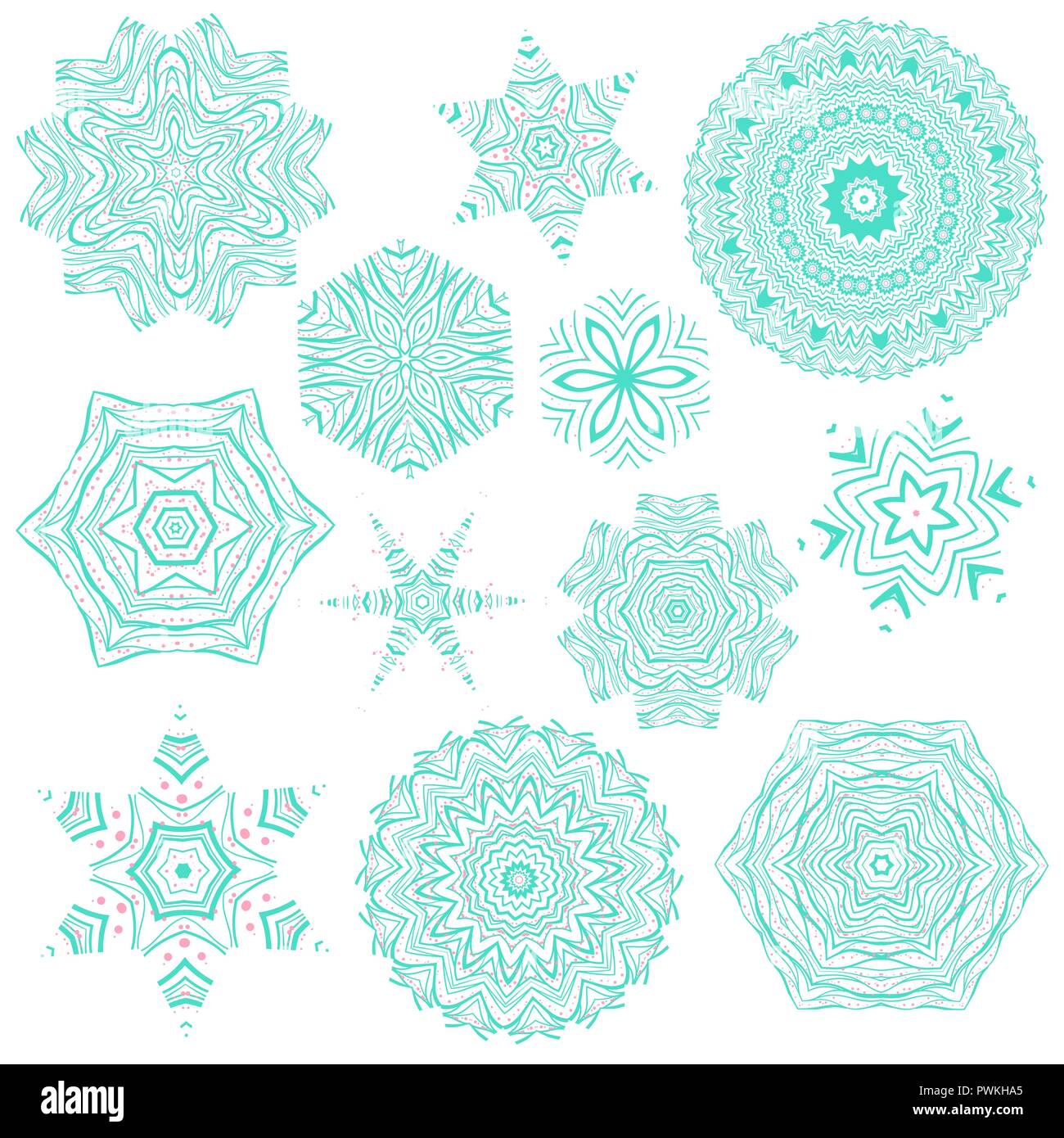 Satz Von Kreativen Und Kunstlerischen Blau Und Rosa Mandalas Und Schneeflocken Auf Weissem Hintergrund Sammlung Von Mehendi Tattoo Designs Stock Vektorgrafik Alamy