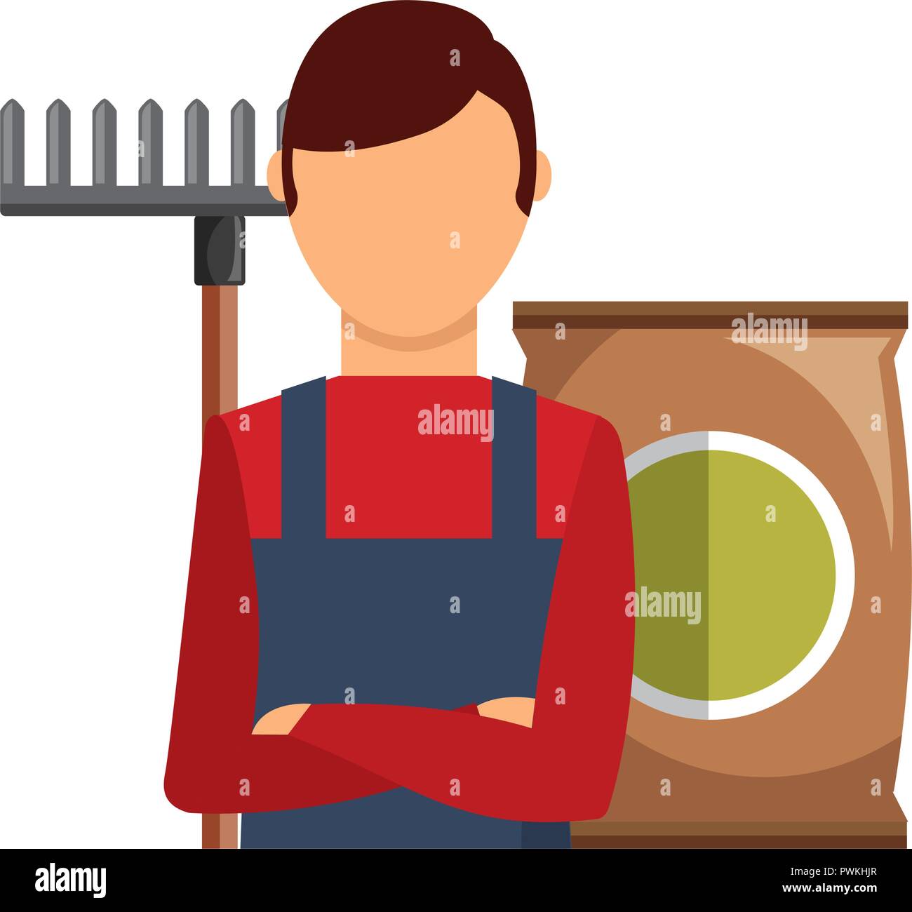 Gärtner Mann mit Rechen Sack Erde Gartenbau Vector Illustration Stock