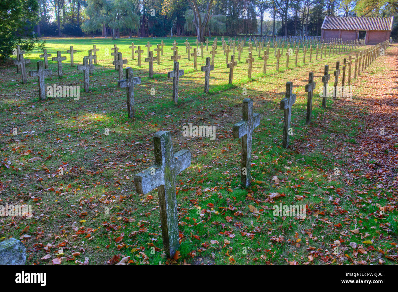 Zeilen mit identischen Grabstein Stein Kreuze auf dem Friedhof Stockfoto