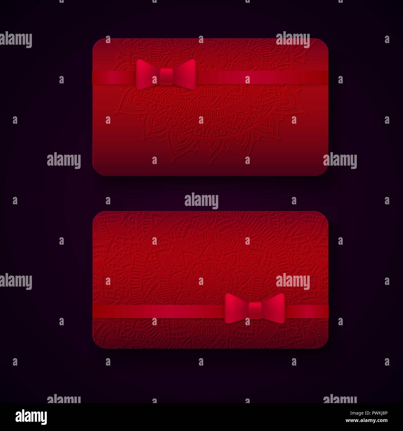 Luxus Visitenkarten Vorlagen In Roter Farbe Mit Band Und Bogen Pragung Wirkung Auf Dunklem Hintergrund Vip Karte Designs Grusskarte Layout V Stock Vektorgrafik Alamy