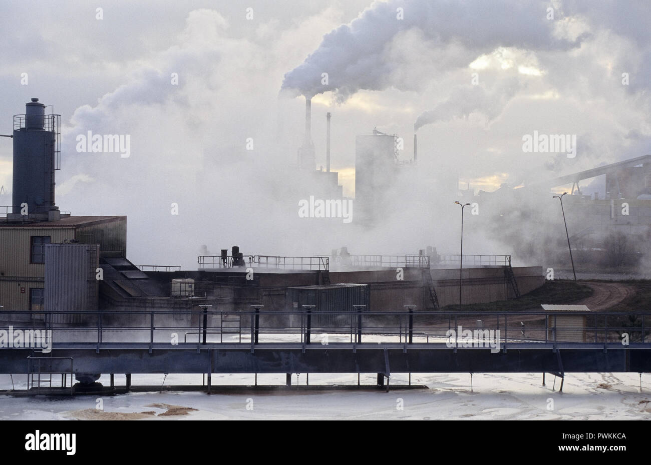 Abwasseraufbereitung. Zellstofffabrik im Hintergrund. Vom Film gescannt. Stockfoto