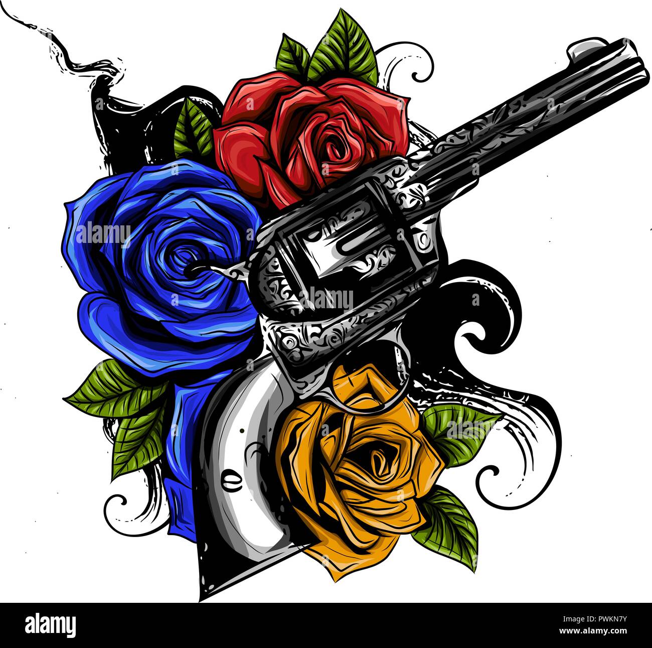 Kanonen und rosa Blüten in Tattoo Stil gezeichnet. Vector Illustration. Stock Vektor