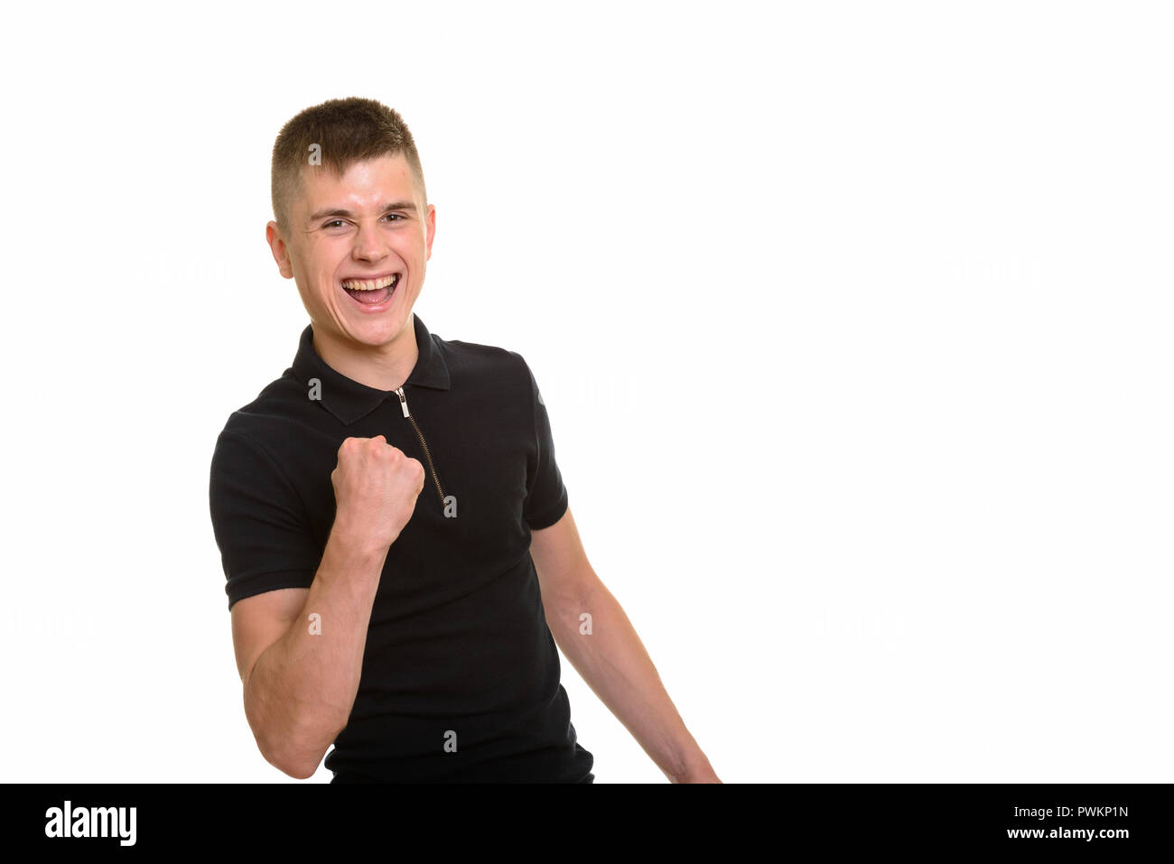 Junge glücklich kaukasischen Mann lächelnd und suchen motivierte Stockfoto