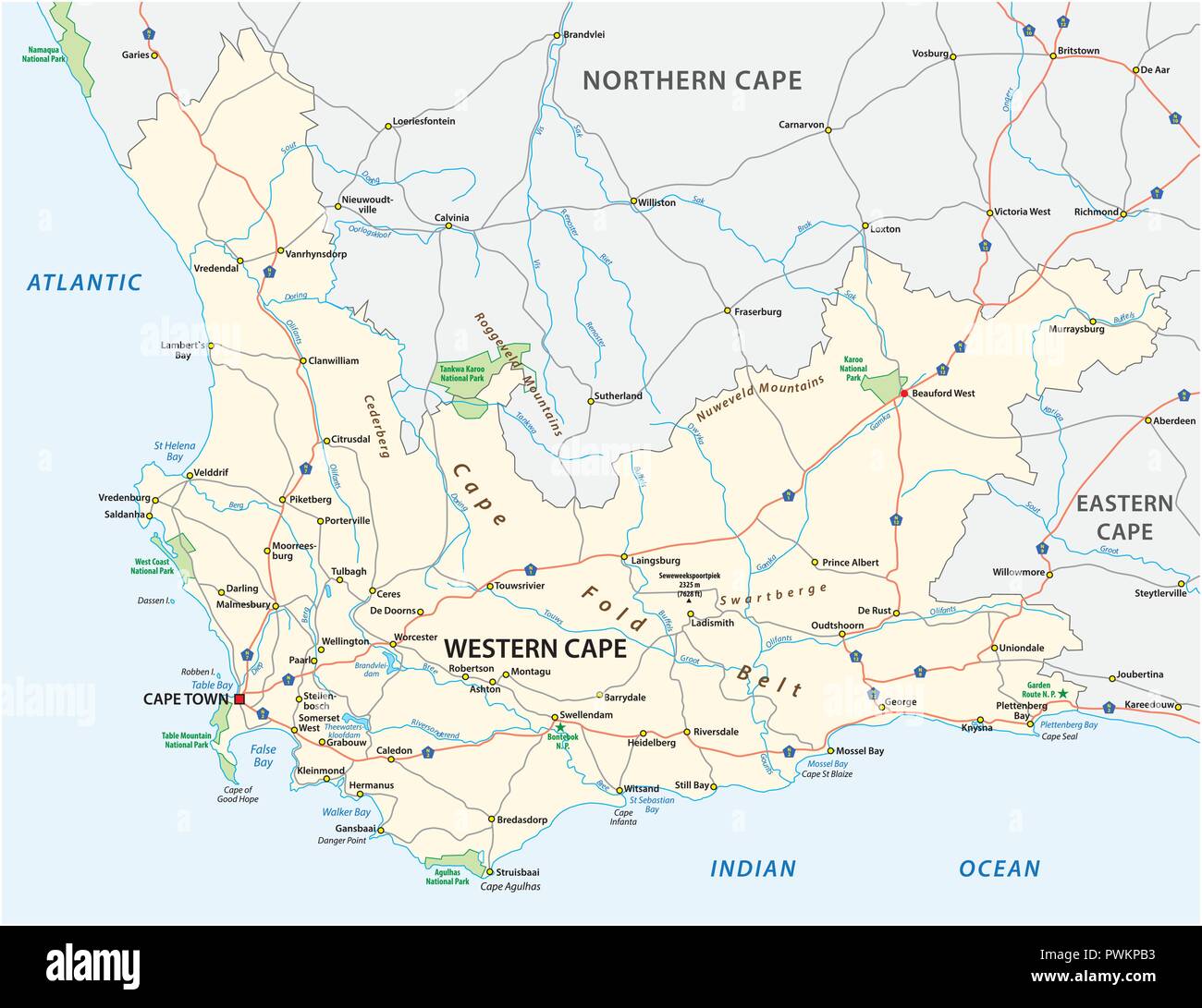 Western Cape Road und National Park Karte. Stock Vektor