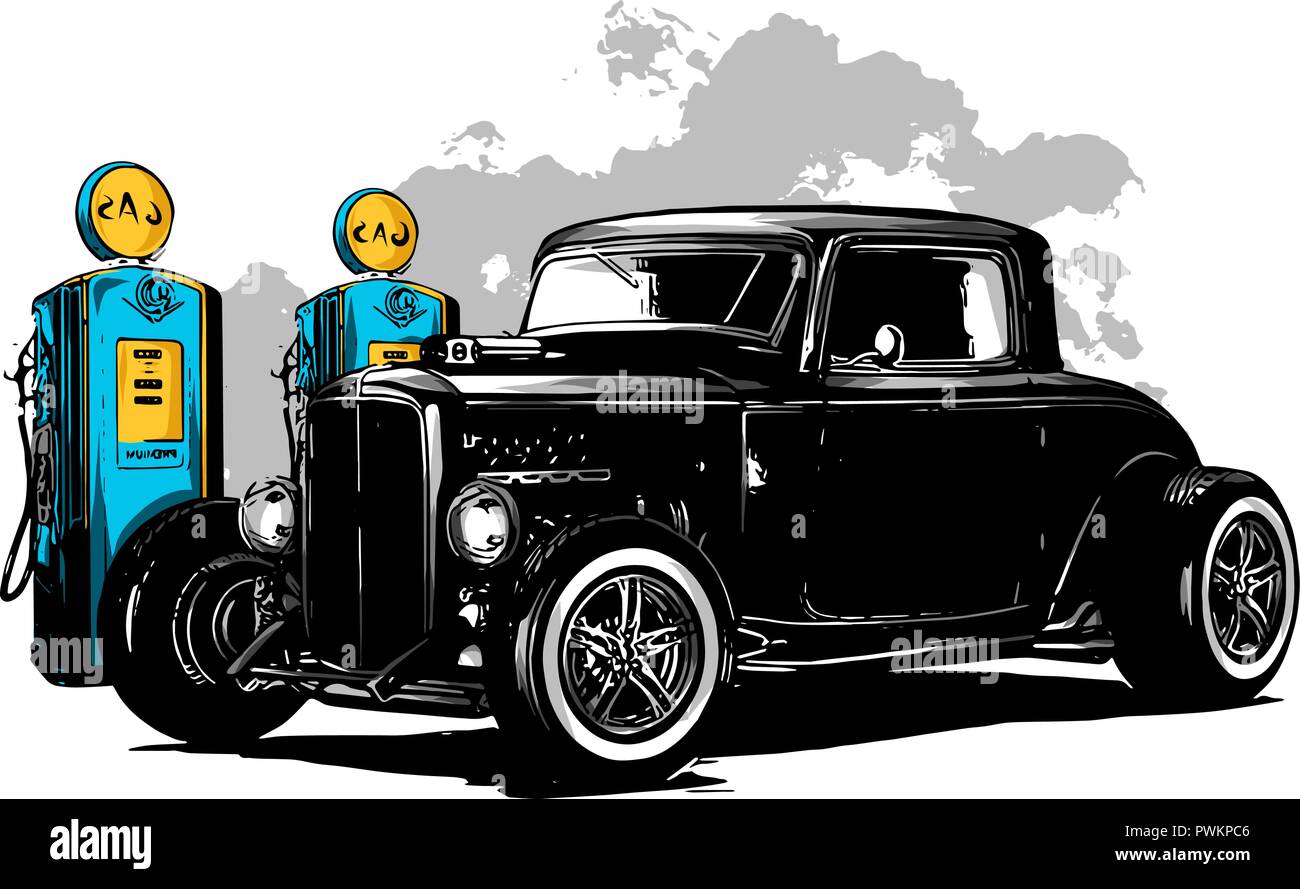 Oldtimer, Hot rod Garage, hotrods Auto, alte Schule Auto, Stock Vektor
