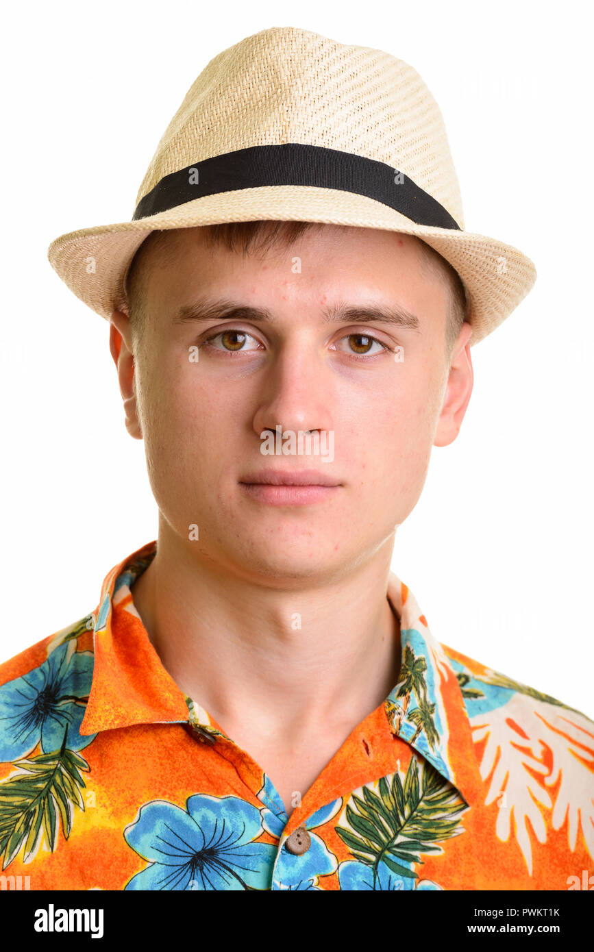 Gesicht der jungen Ernst Kaukasischen touristische Mann Stockfoto