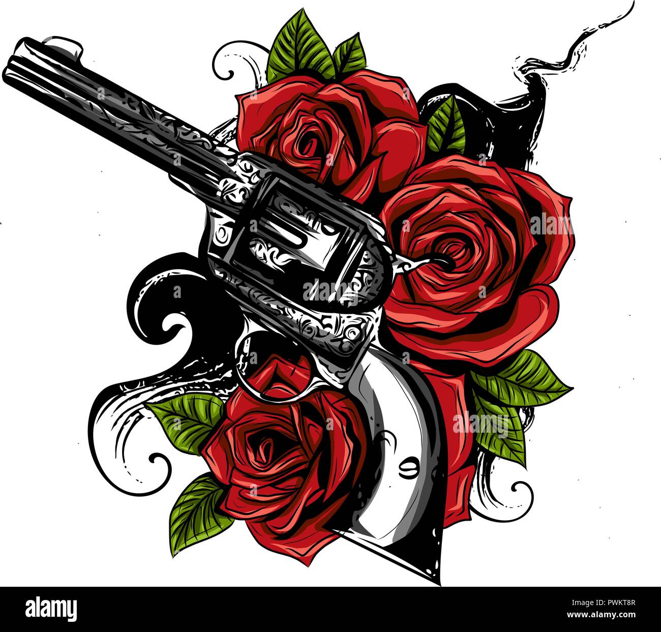 Vector Illustration von Gewehren auf der mit Blumen und Ornamente floralen mit tattoo Zeichnung Stil Stock Vektor