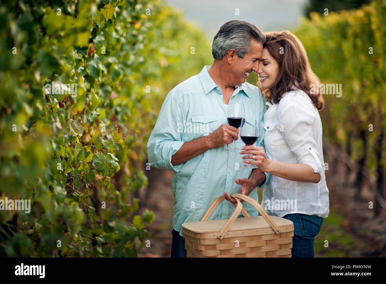 Reifes Paar teilen sich ein intimer Moment beim Trinken von Rotwein im Weinberg. Stockfoto
