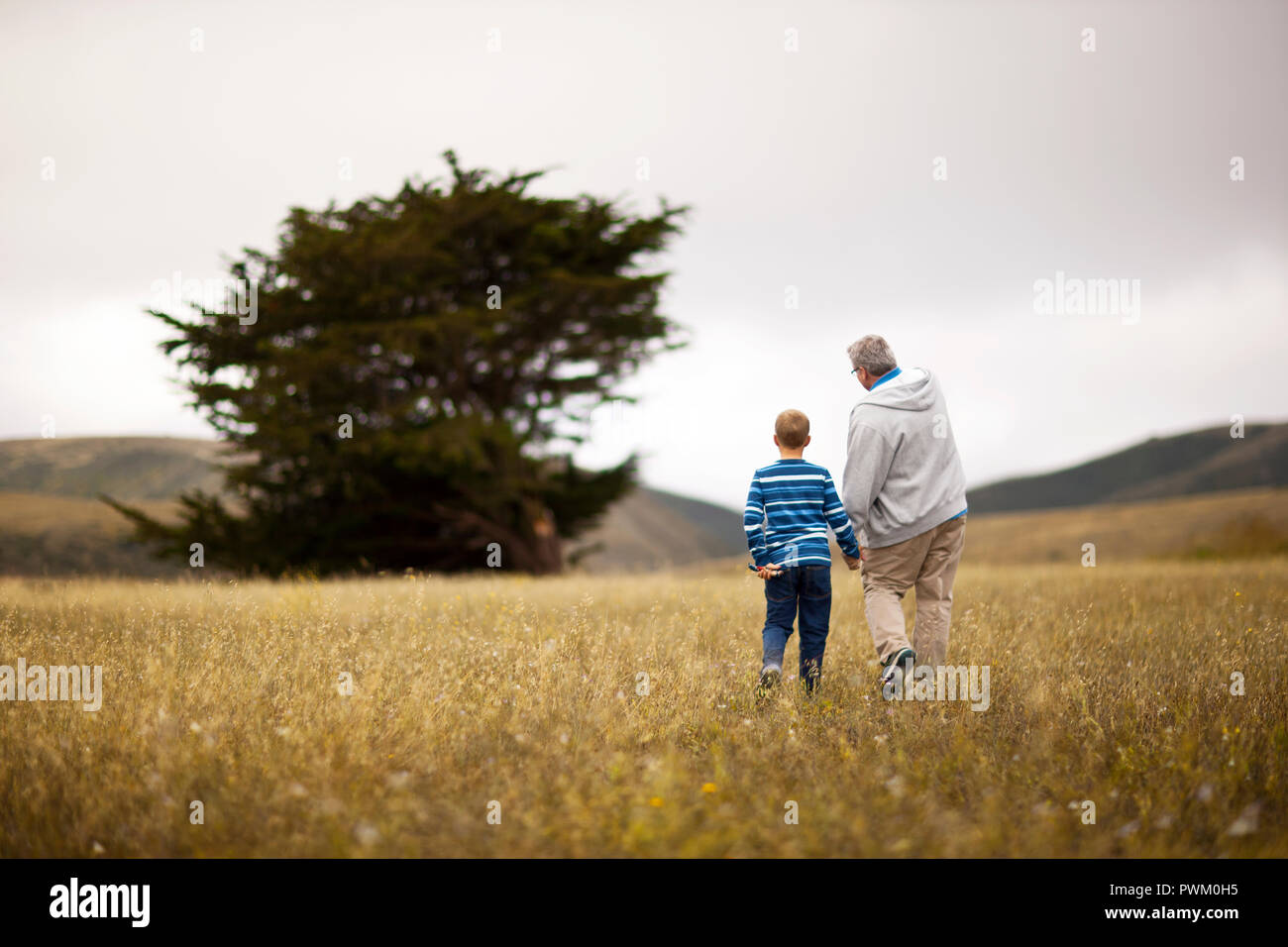 Jungen gingen Hand in Hand mit seinem Großvater. Stockfoto