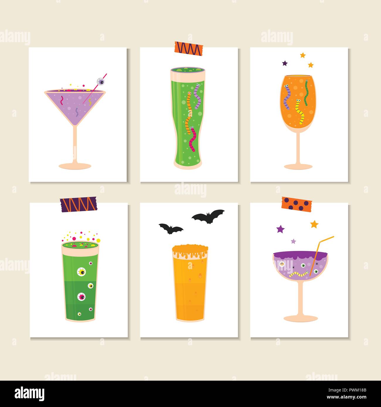 Satz von Cute Vector Halloween Aufkleber von Kürbis, Schloss, Cat, ghost, Süßigkeiten, bat, Hut, Cocktails. Elemente, Objekte für Holiday Card, Holliday invitat Stock Vektor