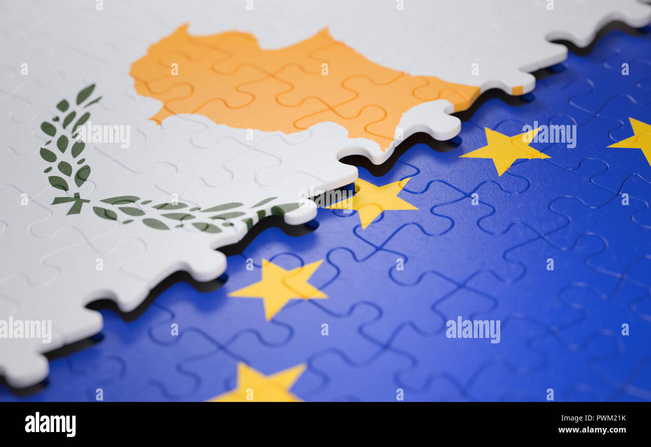 Flagge der Zypern und die Europäische Union in Form der Puzzleteile im Konzept von Politik und wirtschaftlichen Union. Stockfoto