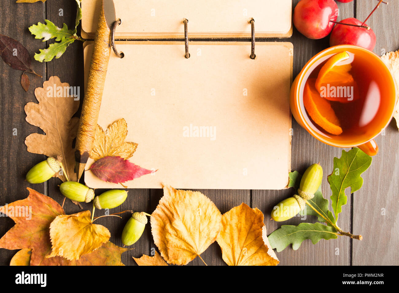 Vintage Notizbuch mit Stift, heißen Tee mit Zitrone und Herbst Dekoration auf Holz- Hintergrund mit Kopie Raum, flach Stockfoto