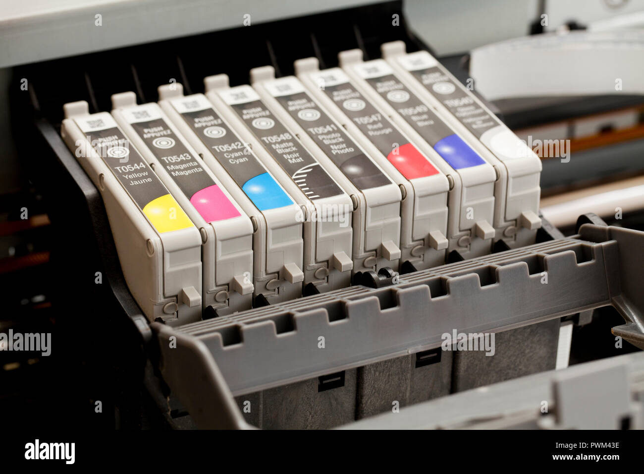 Color Inkjet Drucker und Tintenpatronen, Nahaufnahme - USA Stockfoto