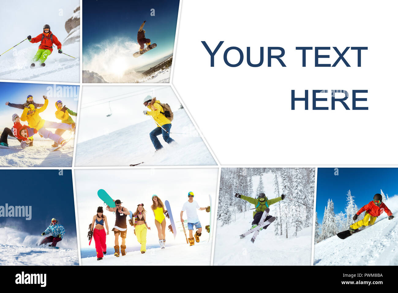 Foto Collage auf Ski die Punktedichte für Kreise und Quadrate mit Skifahrer und Snowboarder. Sie Spaß und Skifahren. Winter Urlaub konzept mit Platz für Text Stockfoto