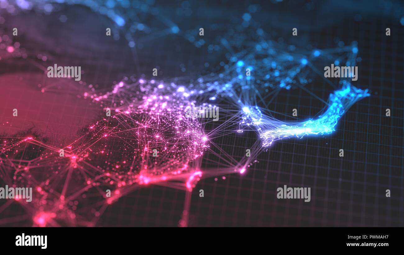 Leuchtende Stadt und menschlichen Bevölkerungsdichte Gebieten mit lineare Verbindungen zwischen ihnen. Blick auf Asien. 3D-Darstellung Stockfoto