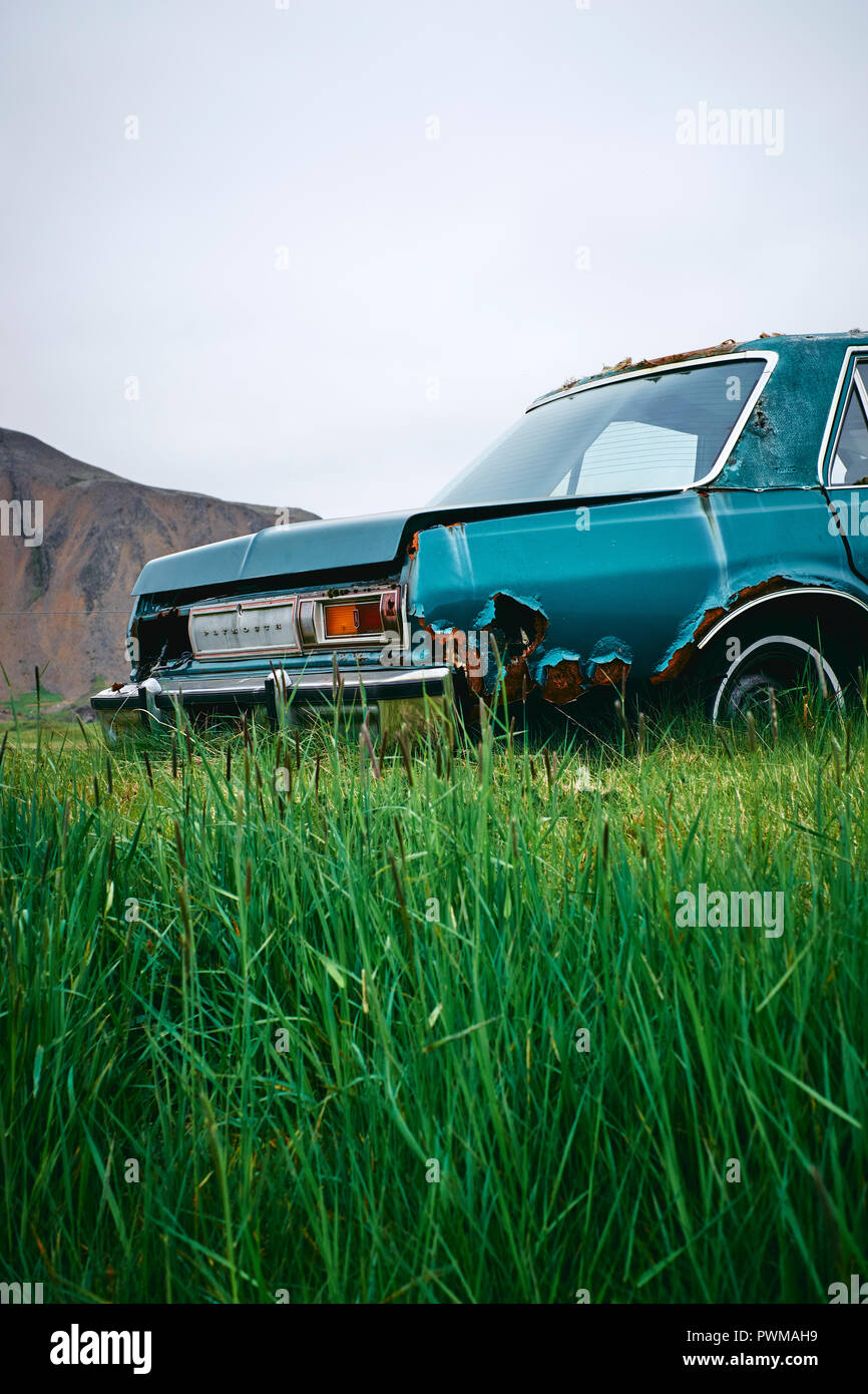 Eine verlassene alte amerikanische Autos in der remote Island Landschaft. Stockfoto