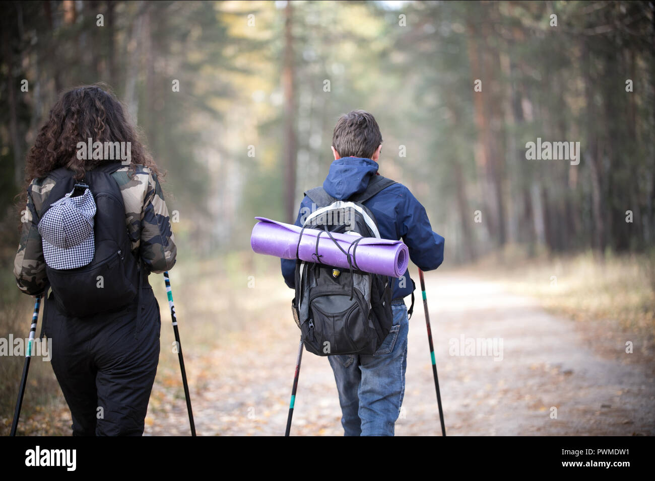 Nordic Walking. Portrait von Kind und lockige Frau in einem Herbst. Kind und Frau Spaß im sonnigen Herbst Park. Ansicht von hinten Stockfoto