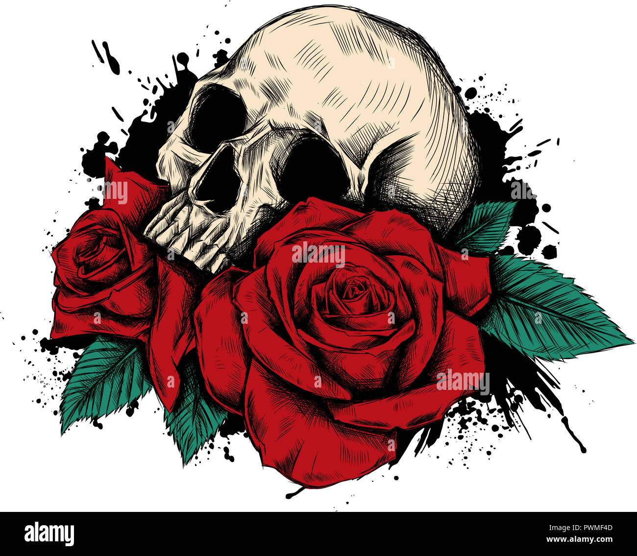 Totenkopf mit Blumen, mit Rosen. Zeichnung von Hand. . Abbildung  Stockfotografie - Alamy