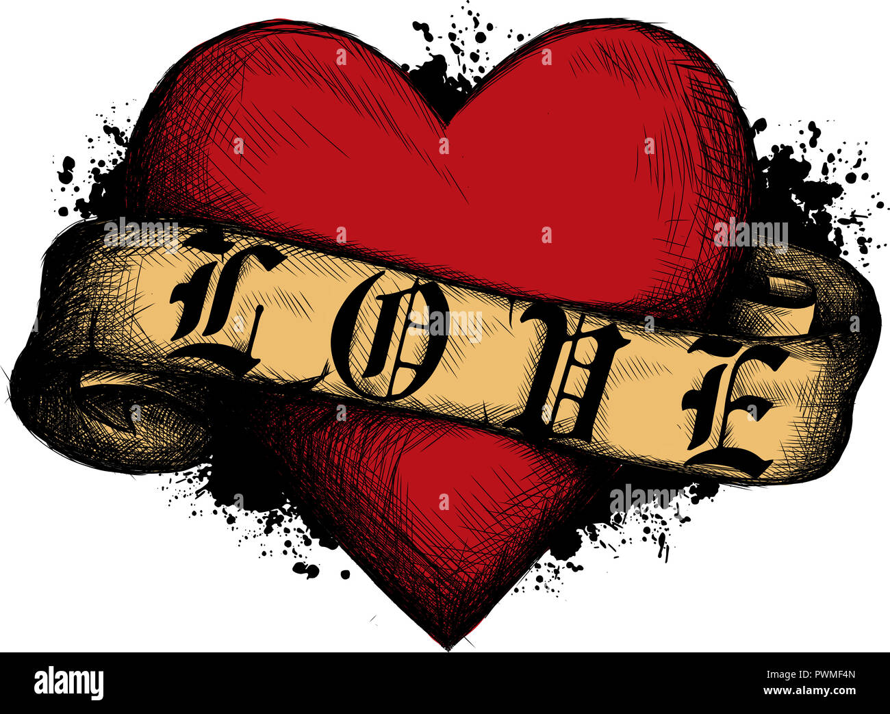 Herz mit Schleife im Tattoo Style. Abbildung in graviert Stil