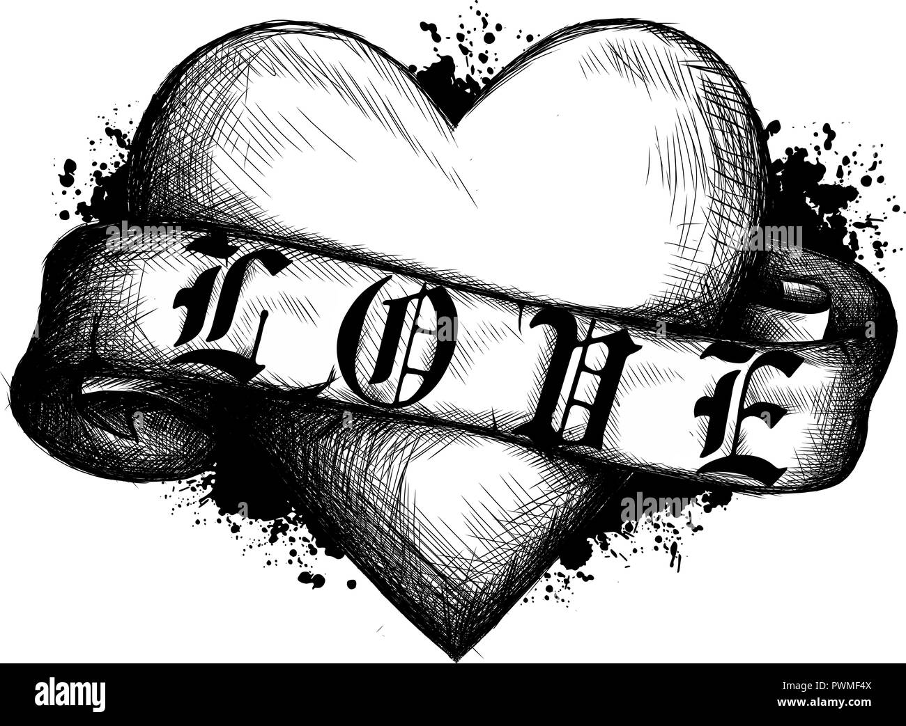 Herz mit Schleife im Tattoo Style. Abbildung in graviert Stil Stockfoto