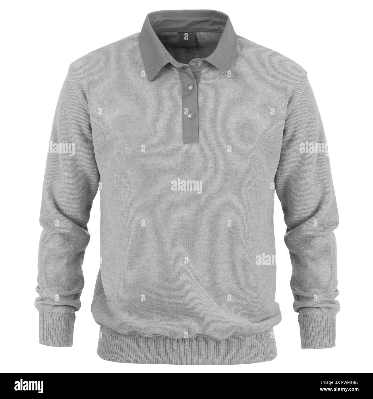 Grau Langarm-T-Shirt auf weißem Hintergrund Stockfoto