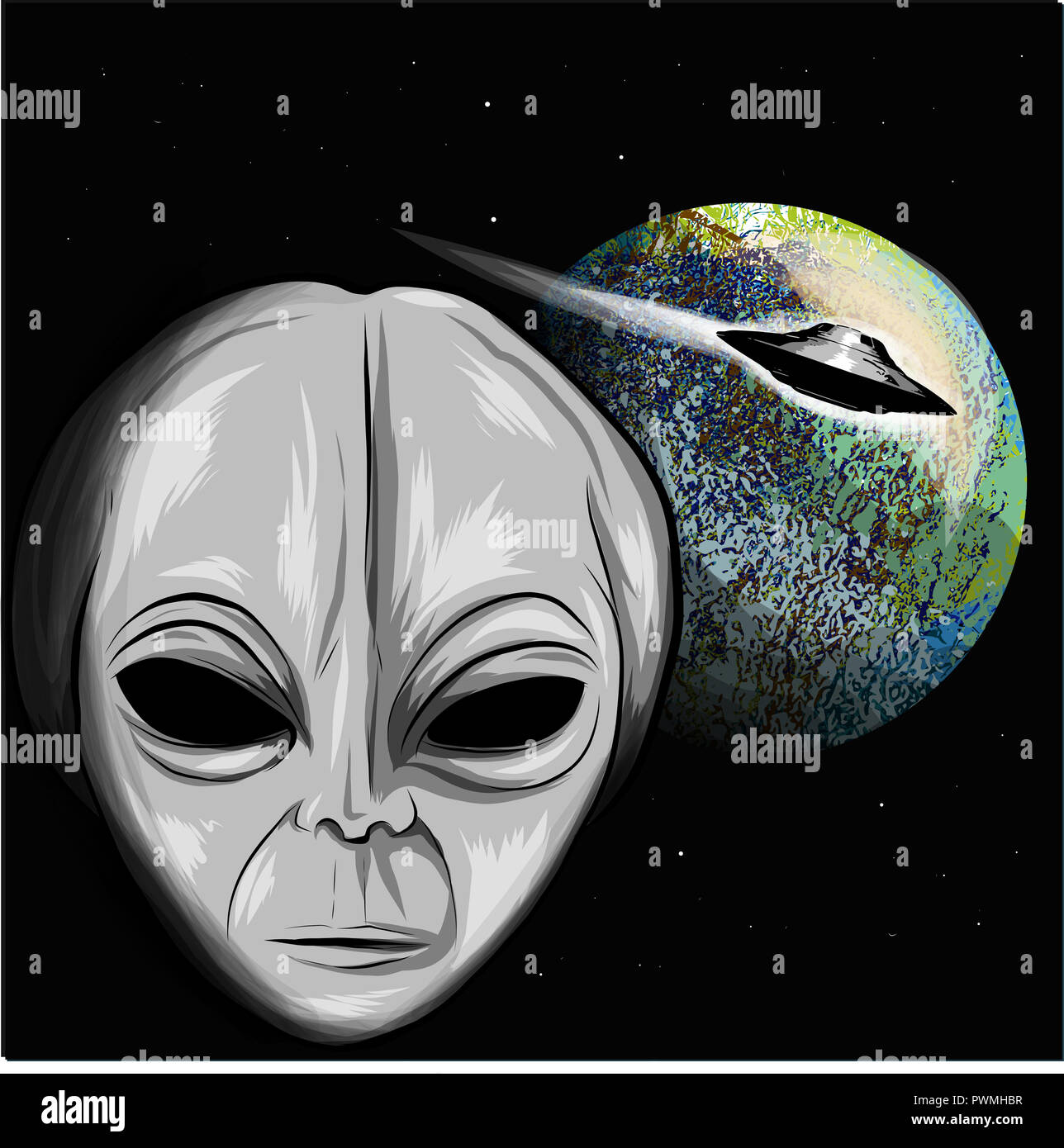 Außerirdische auf der Erde Abbildung mit Ufo suchen Stockfoto