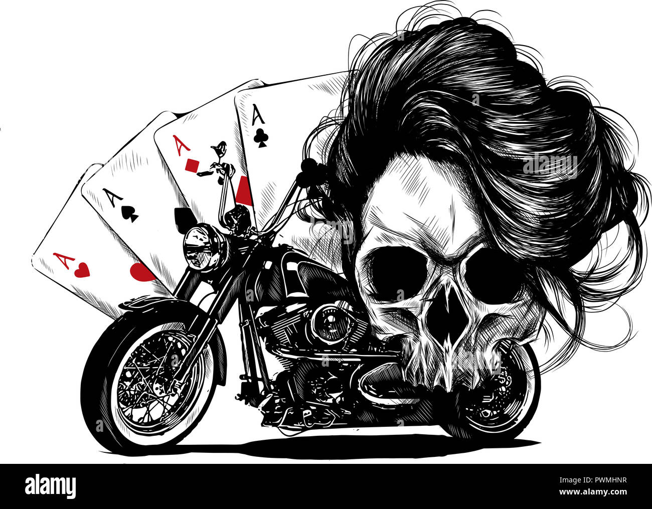 Abbildung: Motorrad Frau Schädel mit Spielkarten Poker Stockfoto