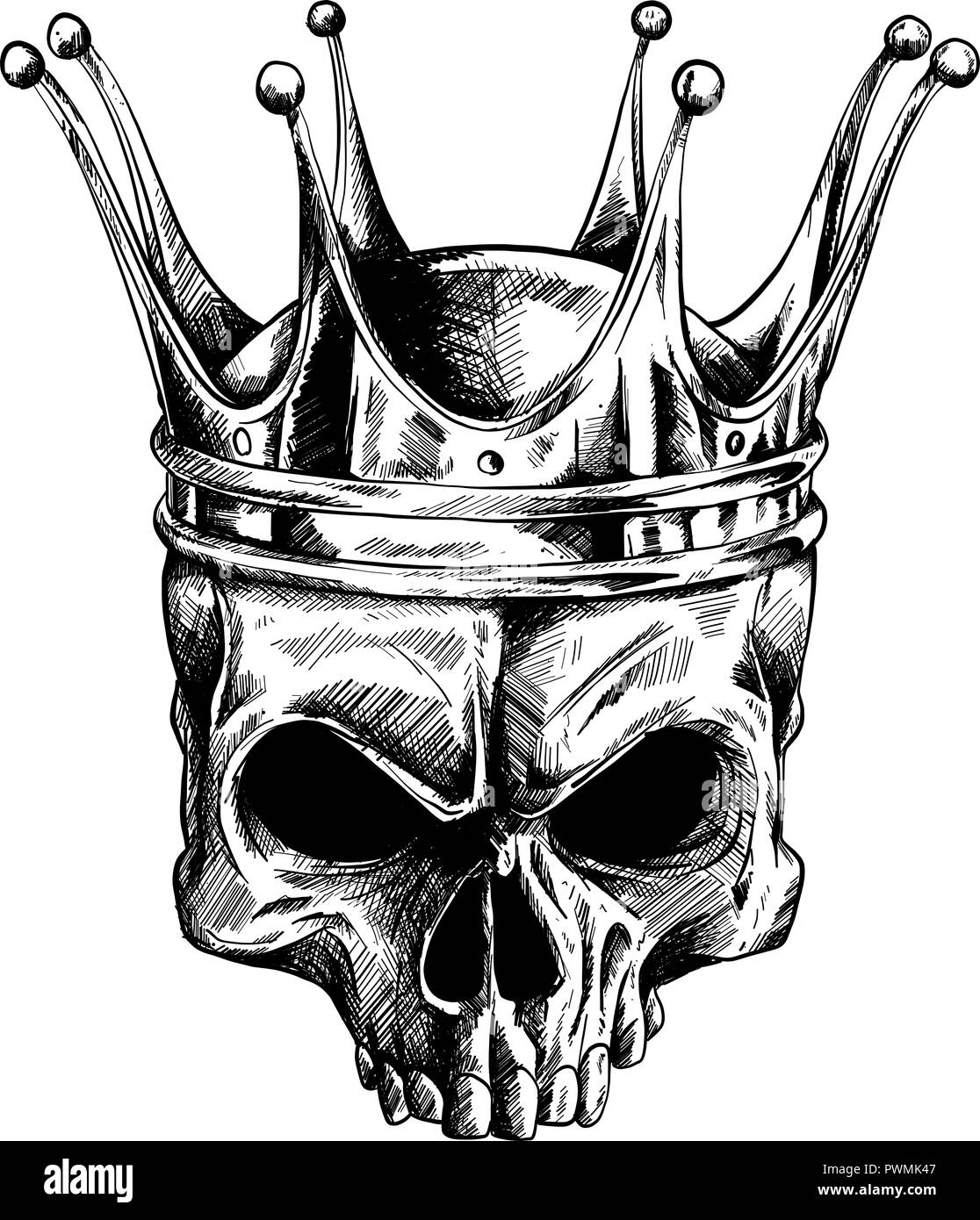 Abbildung: Schwarze und Weiße Schädel in Krone mit Bart auf weißem Hintergrund Stockfoto