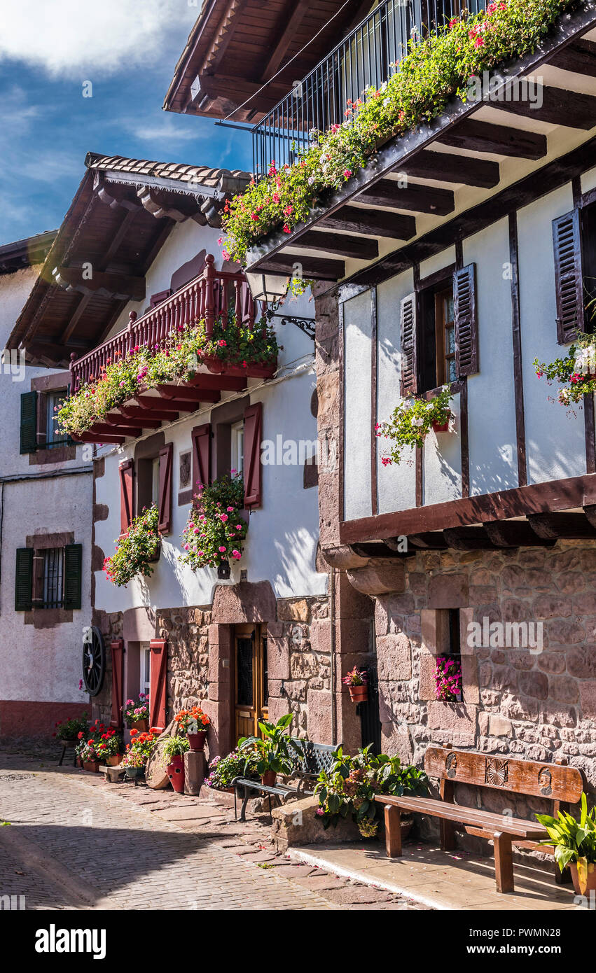 Spanien, Baskenland, Baztan-tal, Erratzu auf der Straße der Col d'Ispeguy (Pass), Häuser auf dem Land Stockfoto