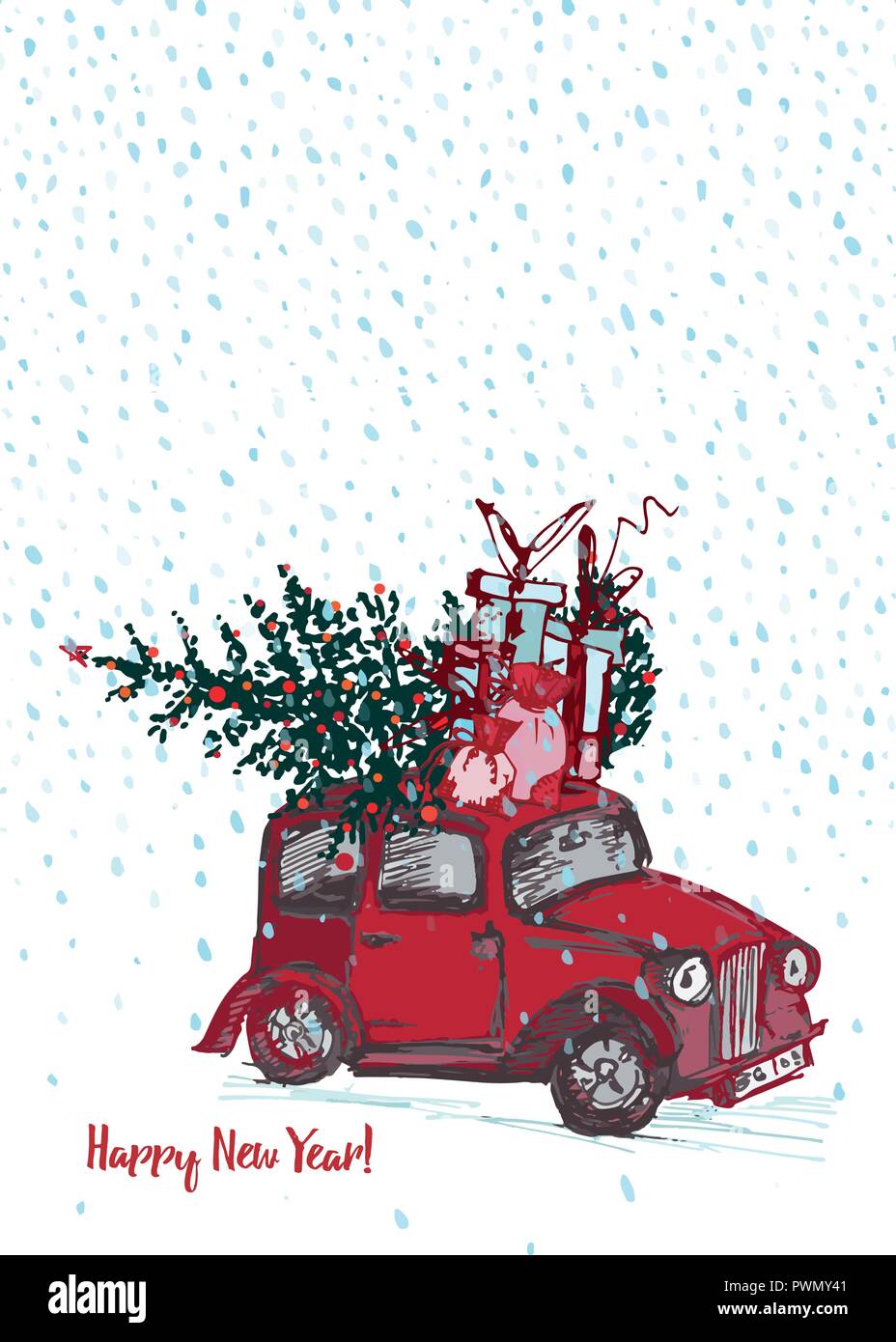 Festliche Neues Jahr 19 Karte Rotes Auto Mit Tannenbaum Dekoriert Rote Kugeln Auf Weissem Hintergrund Stock Vektorgrafik Alamy