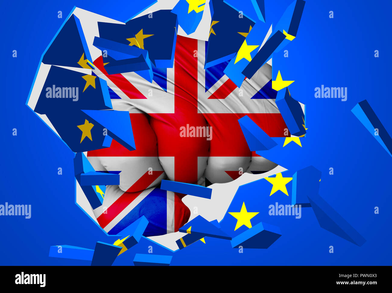 3D-Illustration: Eine Faust-förmige Britische Flagge Hits und zerstört die EU-Flagge. Es ist eine allegorische Darstellung der Krise zwischen EU und UK, gefolgt von der 2. Stockfoto